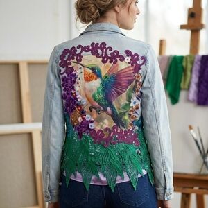 Market & Spruce Light Wash Denim Jean Jacket with Colorful Hummingbird Art